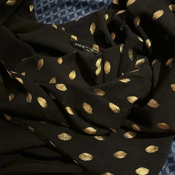 SHEIN Black Golden Dot Bow Wrap Blouse Sz Large - Picture 3 of 12